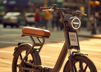Sleek Moped E-Bike parked on a city street at sunset
