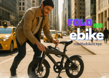Young professional parking a foldable electric bike