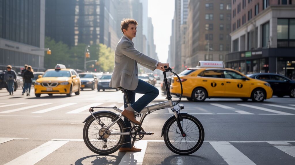 Urban rider commuting through downtown Chicago on a foldable