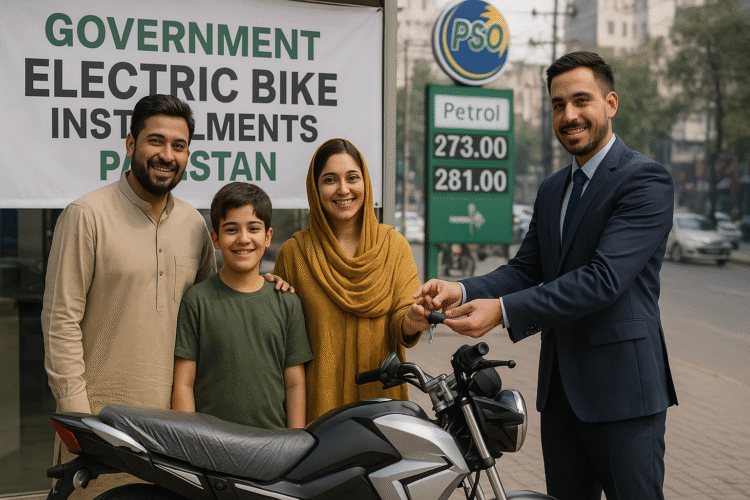 Middle-class father riding an electric bike with his son through Lahore streets, saving money on petrol.