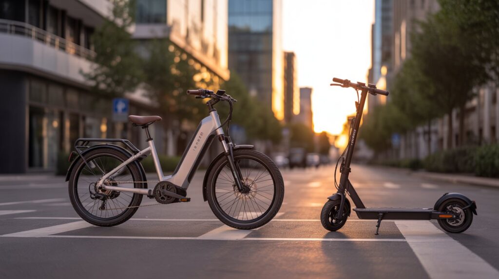 Man choosing between electric bikes vs electric scooters outside a modern building.