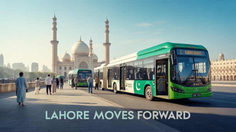 Newly launched Lahore electric bus on city road with PKR 20 fare sign