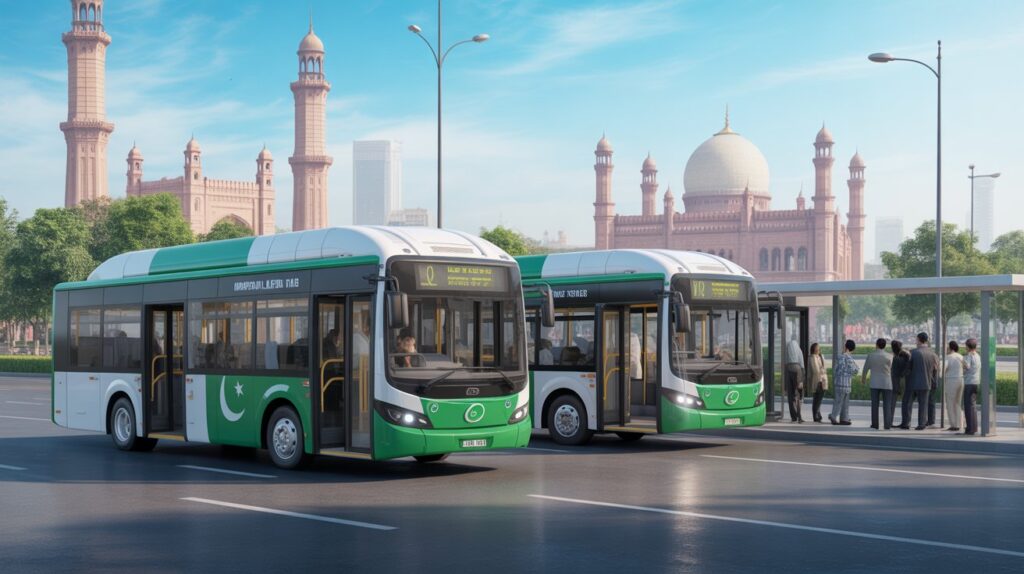Lahore electric bus at terminal ready for PKR 20 city service