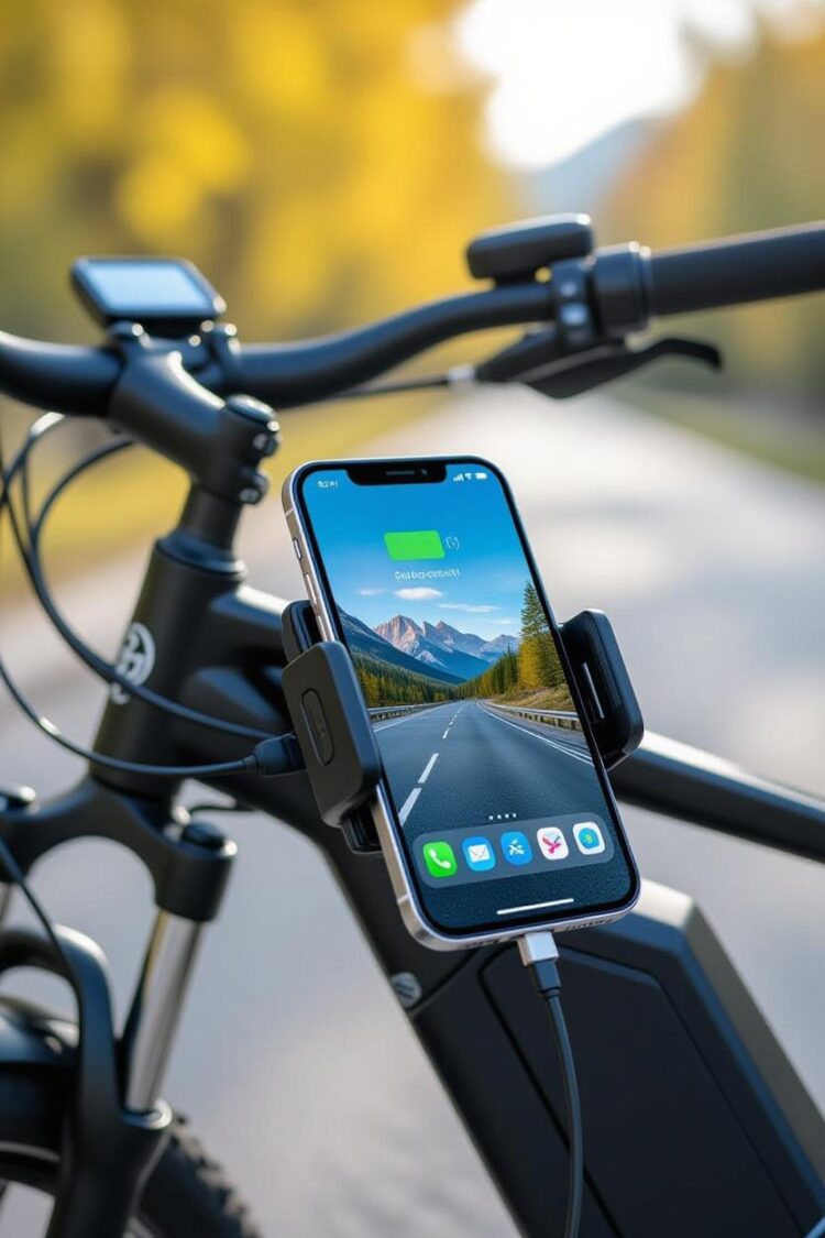 Close-up of a modern electric bike phone holder and USB charging port.
