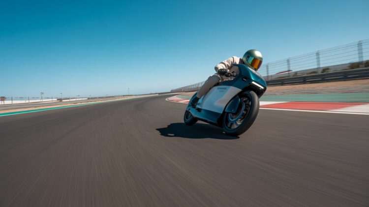 Electric bike racing through a sharp corner on a smooth asphalt track.