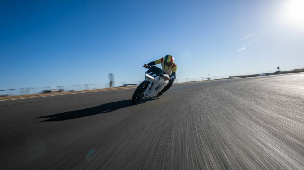 E-bike rider taking a corner on a paved circuit with motion blur effect.