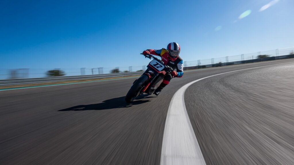 Electric bike racing on asphalt with mountains and sky in the background.