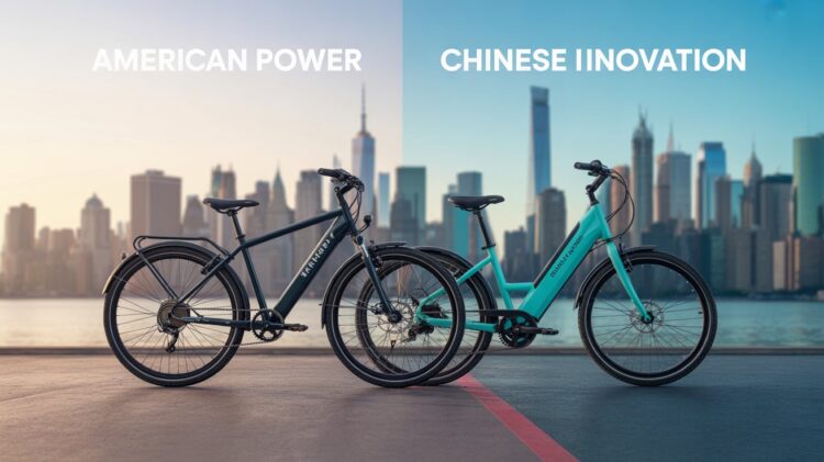 A man testing a new U.S.-made electric bike on a city road under daylight.