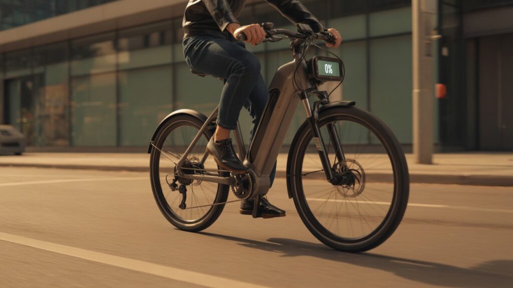 Close-up of electric bike battery display showing empty charge indicator