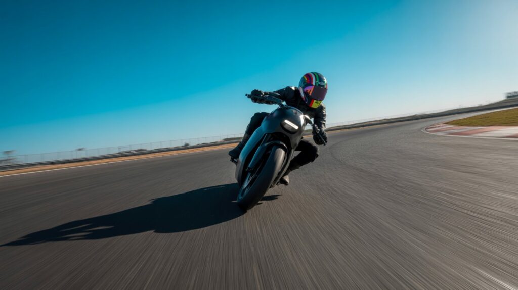 Electric bike accelerating on a bright, open racing track under clear skies.