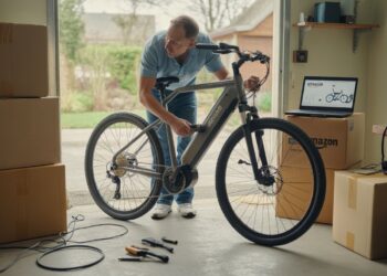 Man assembling a cheap Amazon e-bike at home.