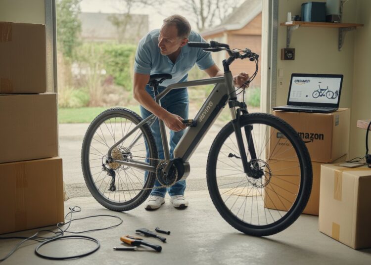 Man assembling a cheap Amazon e-bike at home.