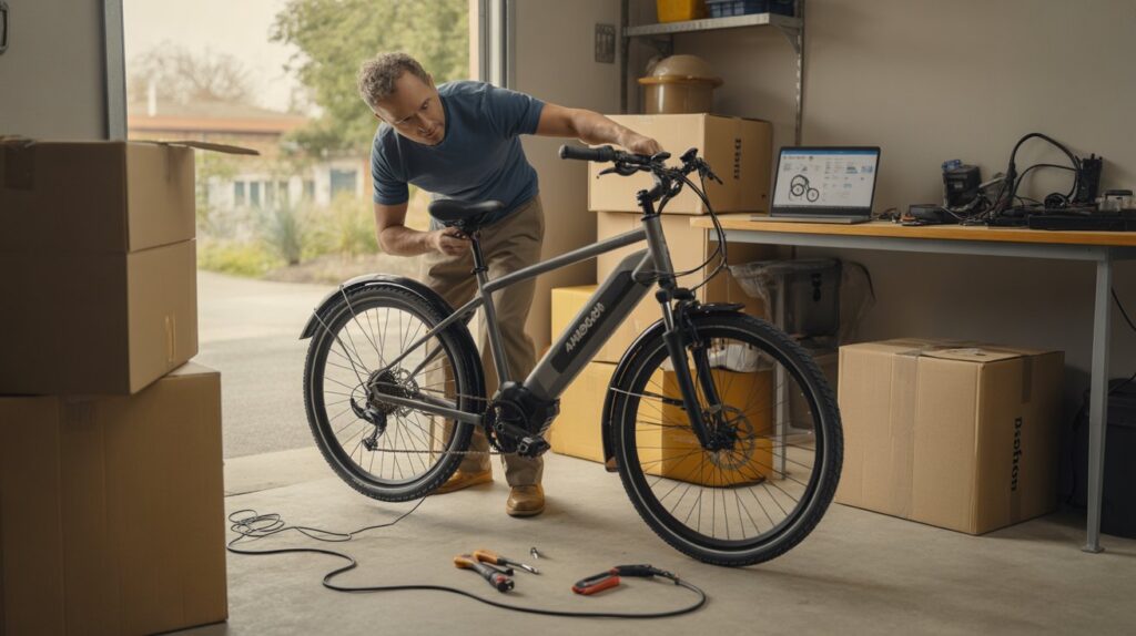 Close-up of a cheap Amazon e-bike parked on street.