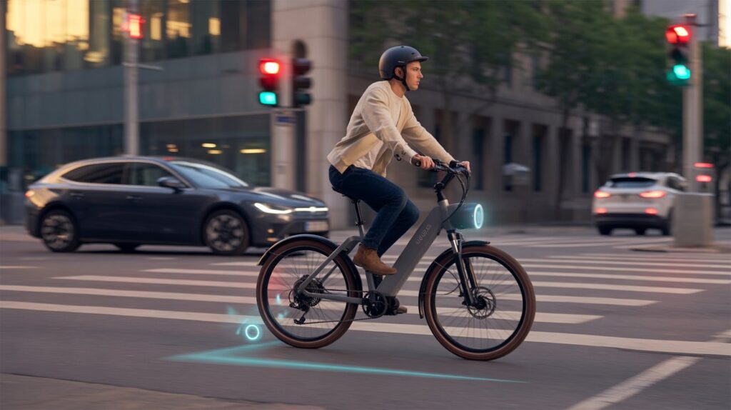 Rider using AI-powered electric bike with safety features