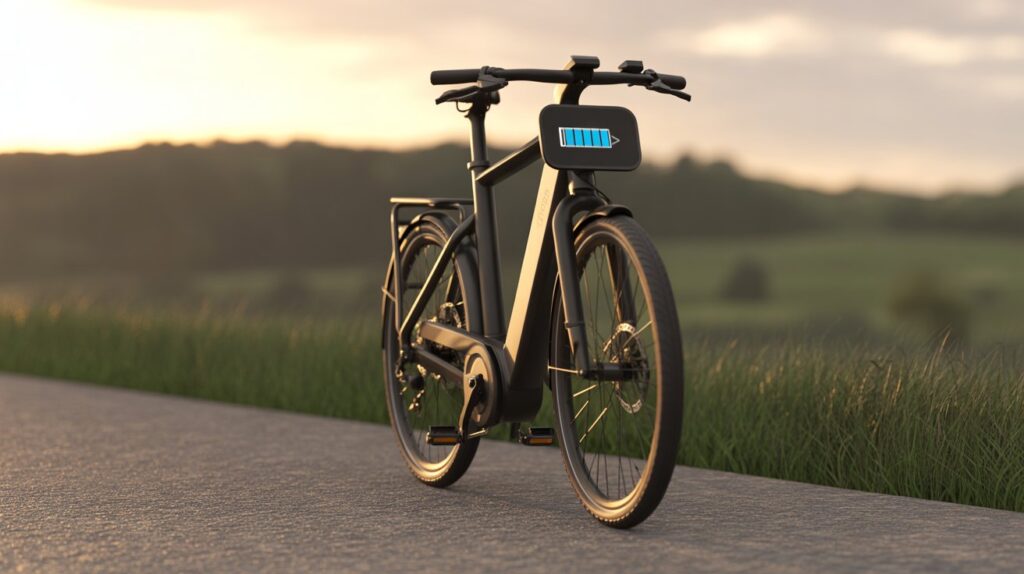 Electric bike with visible motor and battery under soft golden lighting