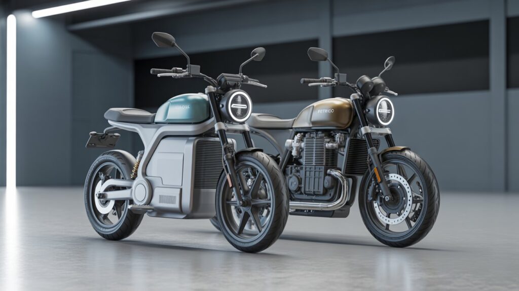 An electric and a petrol motorcycle parked side by side in a professional showroom, showcasing design and build differences.