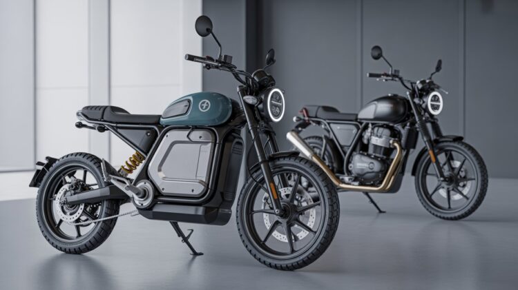 A close-up of an electric motorbike’s battery and a petrol bike’s fuel tank under bright showroom lights.