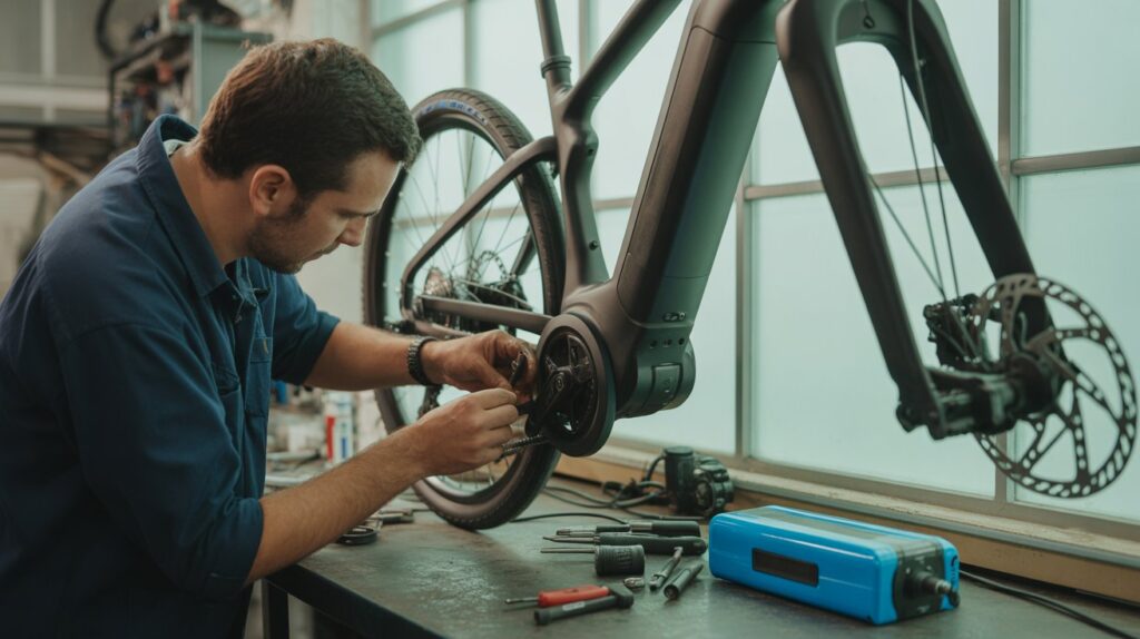 Mechanic testing an electric bike battery with diagnostic tools.