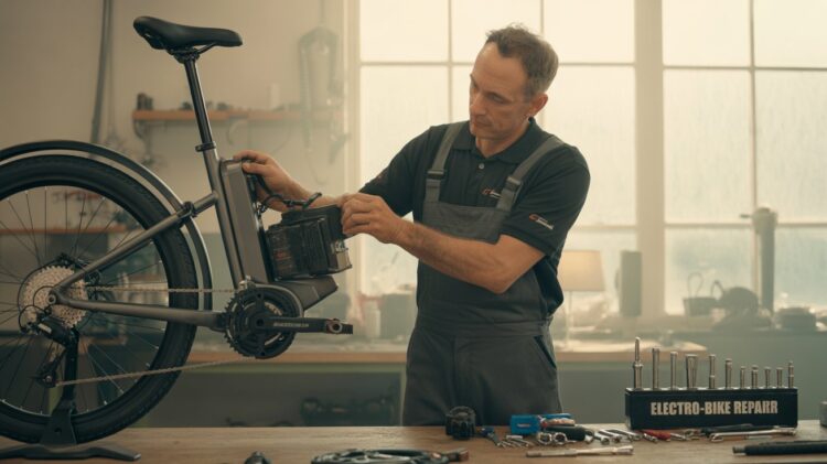 Mechanic repairing an e-bike motor and battery in a workshop