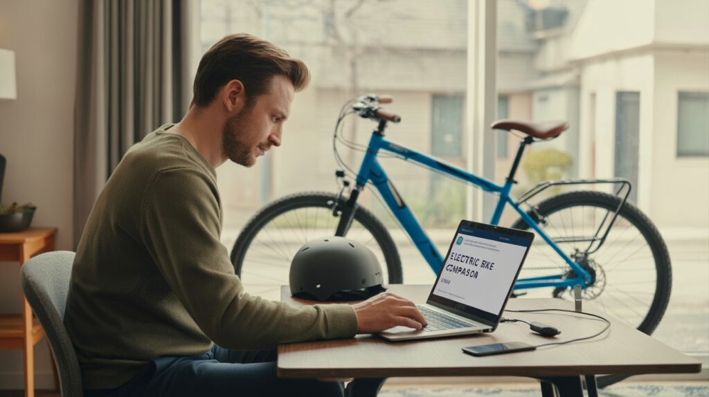 Rider planning electric bike purchase at home