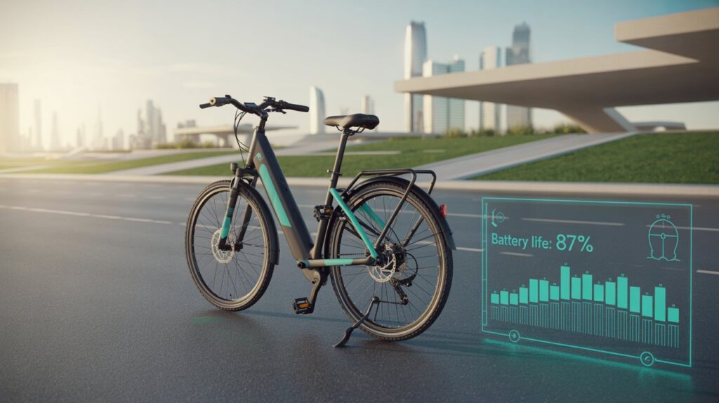 Modern electric bike with futuristic life cycle graphics