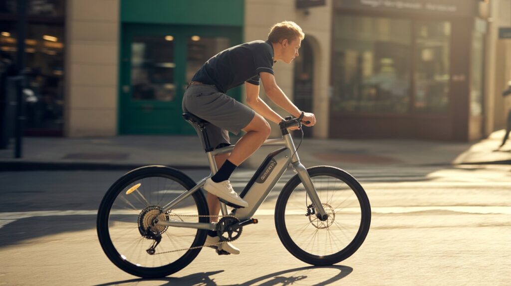 Cyclist balancing on an uneven forest trail on an electric bike.