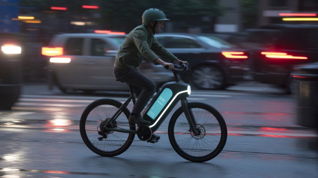 Smart e-bike riding safely through night city traffic