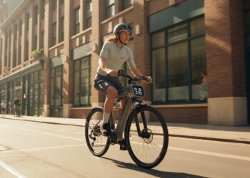 Young adult riding an electric bike on a city street, dashboard and motor visible.