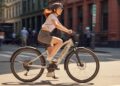 Young woman riding a modern Electric Bike Brand on a sunny city street.