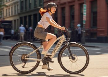 Young woman riding a modern Electric Bike Brand on a sunny city street.