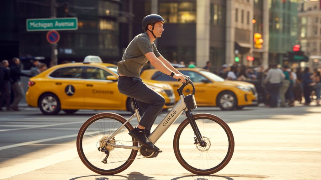 E-bike parked next to a bike lane with U.S. street signs visible