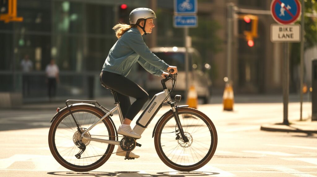 Rider wearing helmet crossing a pedestrian-friendly street on an electric bike