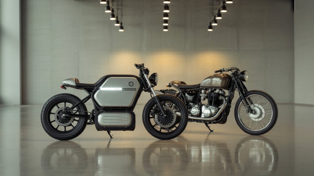 A professional mechanic inspecting both an electric motorbike and a petrol motorcycle in a modern studio setting.