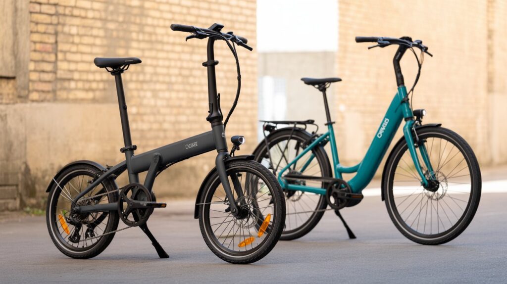 Close-up of a folding e-bike hinge and locking system.