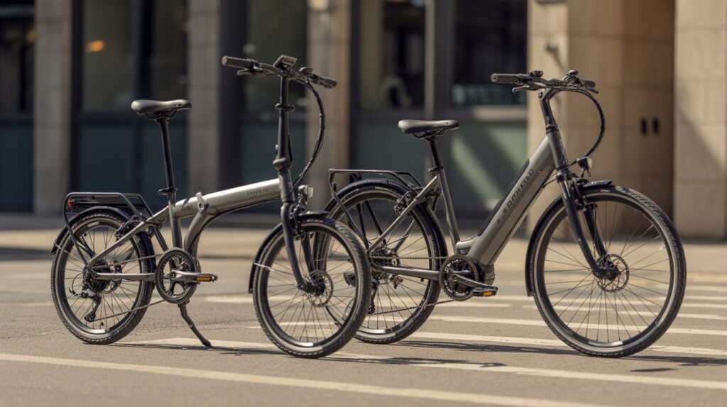 Rider commuting through the city on a folding e-bike.