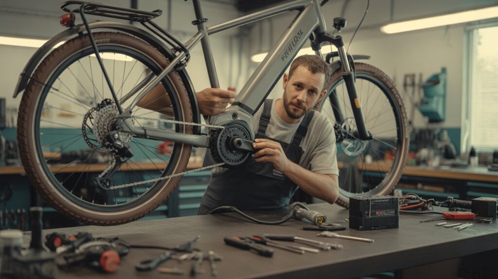 E-bike rider fixing flat tire outdoors