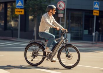 Rider on a modern electric bike in a U.S. city street, wearing helmet and casual gear