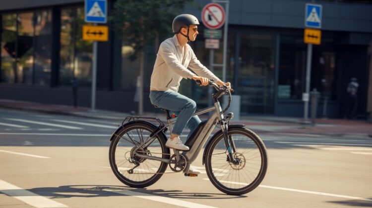 Rider on a modern electric bike in a U.S. city street, wearing helmet and casual gear