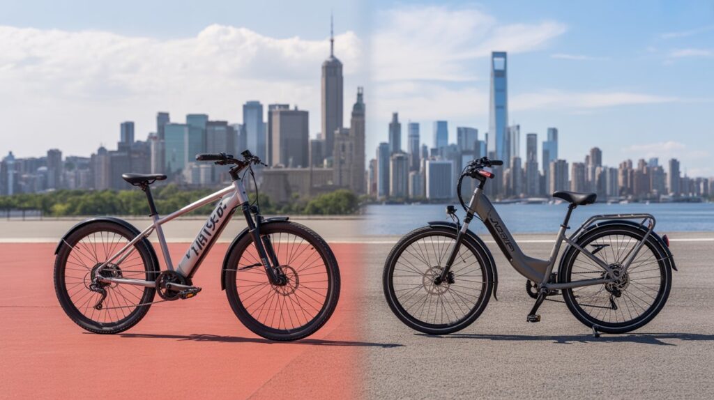A side-by-side comparison of a U.S. and a Chinese e-bike on a road.