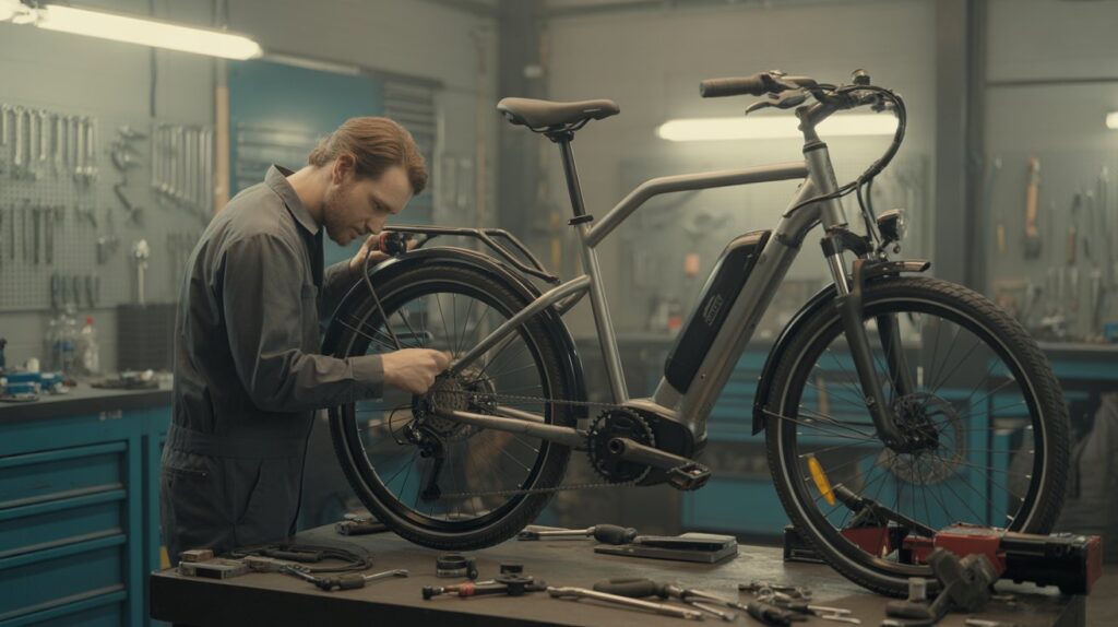 Mechanic assembling e-bike components in a workshop.