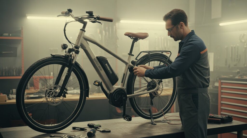 Mechanic inspecting electric bike wiring on a workbench.