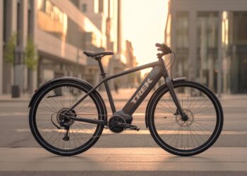 Trek Allant+ 9.9S electric bike parked on a modern city street at sunrise