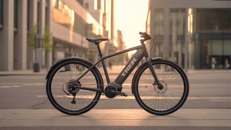 Trek Allant+ 9.9S electric bike parked on a modern city street at sunrise