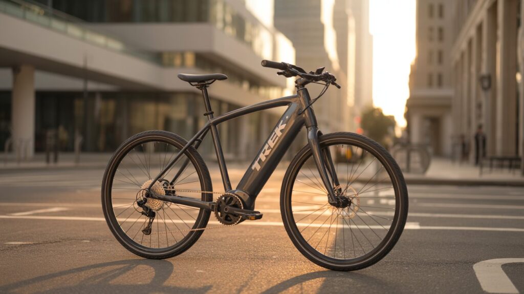 Rider using Trek Allant+ 9.9S on an urban commute at high speed