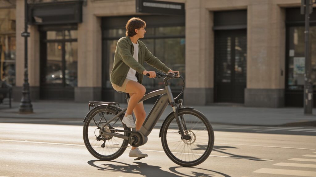 Hands switching an electric bike from automatic to manual mode on handlebars.