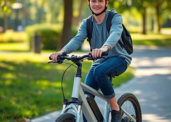 Teenage boy riding an electric bike safely in the park